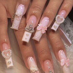 24pcs Long Square w/ Charms - Crown, Pearl, Heart - Press-On Nails New